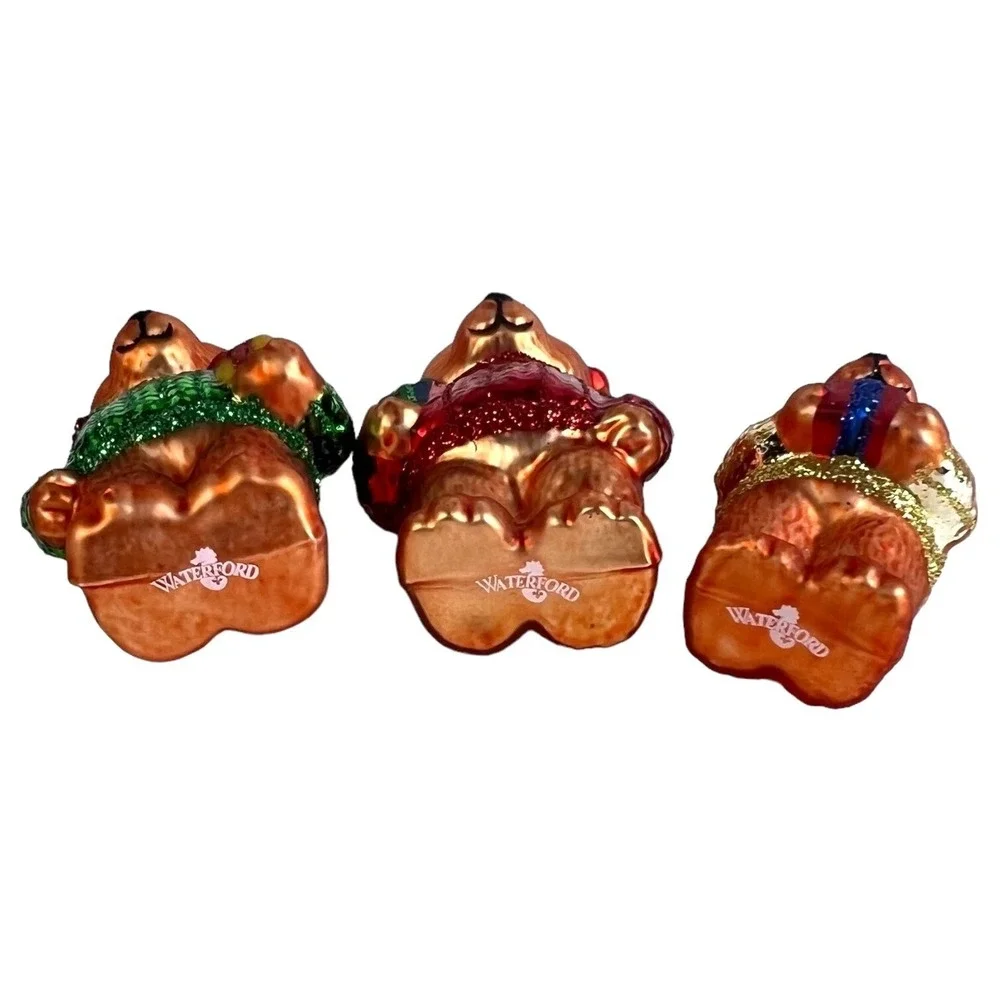 3 Waterford Christmas Teddy Bear Ornament Hand Painted Glass‎ Holiday Heirloom